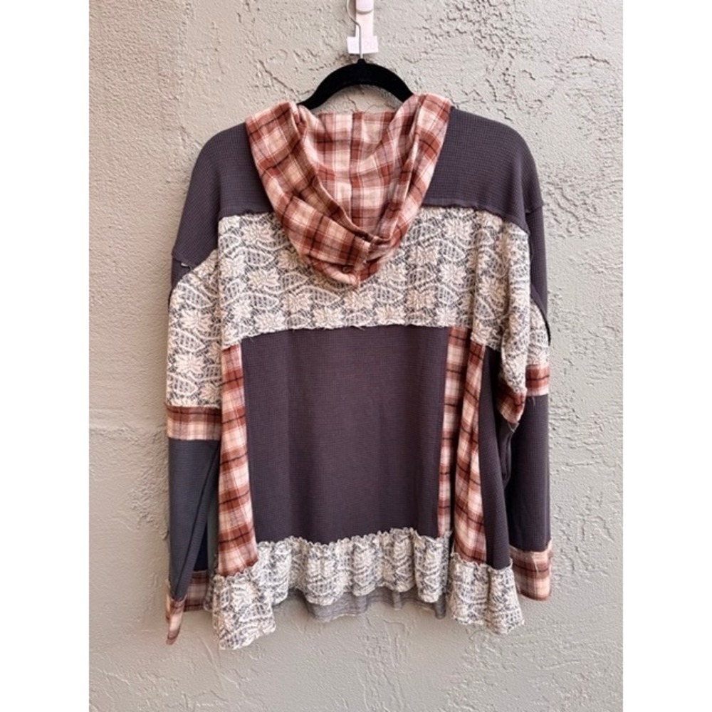 POL Womens Waffle Knit Plaid Lace Hoodie MEDIUM Boho Shabby Rustic Cottagecore - Picture 6 of 6
